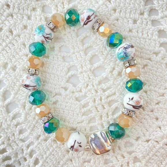 Floral Beaded Bracelet Rhinestone Silver Accents - Picture 2 of 3